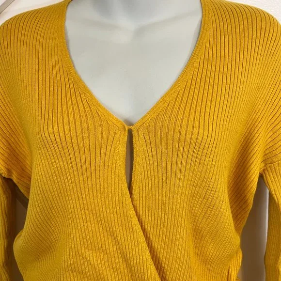 Nordstrom Elodie Mustard Yellow Ribbed Faux Wrap Sweater Small - Picture 3 of 10